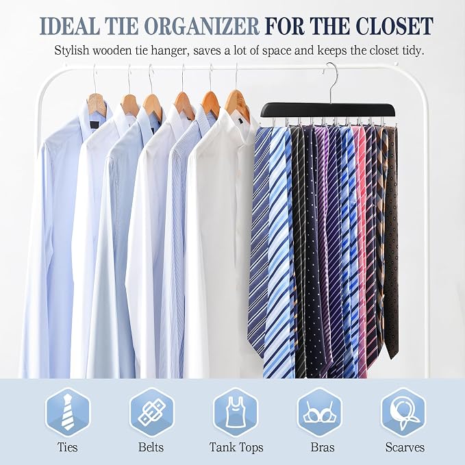 1PC Tie Rack Organizer, Tie Hanger for Closet with 20 Foldable Hooks, Black | Non Slip Neck Tie Organizer, Large Capacity, Space Saving, 360° Rotating Hook, Fits for Tank Tops Bras Cami Scarves