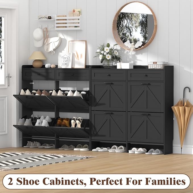 Thacuok Shoe Cabinet with 4 Flip Drawers & 2 Storage Drawers, Rustic Farmhouse Narrow Shoe Organizer Cabinet, Slim Shoe Rack Cabinet, Shoe Storage Cabinet for Entryway, Hallway, Front Door