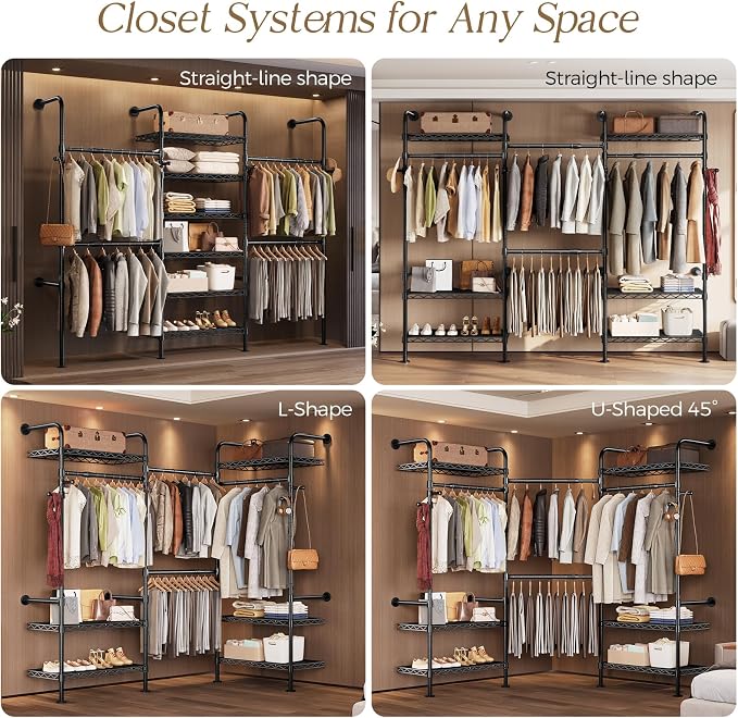 Wall Mounted Closet System, Heavy Duty 3-Row Clothes Rack, Expandable Industrial Pipe Closet Organizers and Storage with 4 Telescopic Rods, 4 Hooks & 6 Shelves for Wardrobe, Bedroom