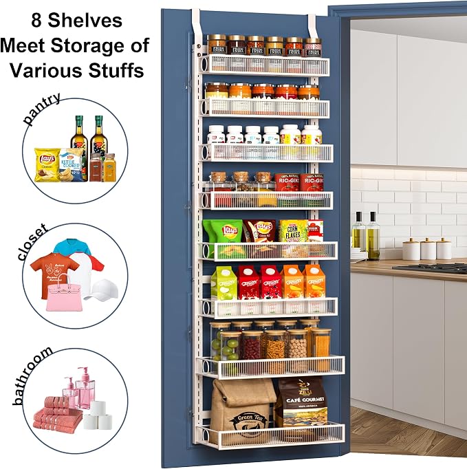 Over the Door Pantry Organizer 8 Tiers Hanging or Wall Mounted Spice Rack with Adjustable Basket,Heavy Duty Metal Seasoning Organizer Shelf for Kitchen Pantry and Bathroom