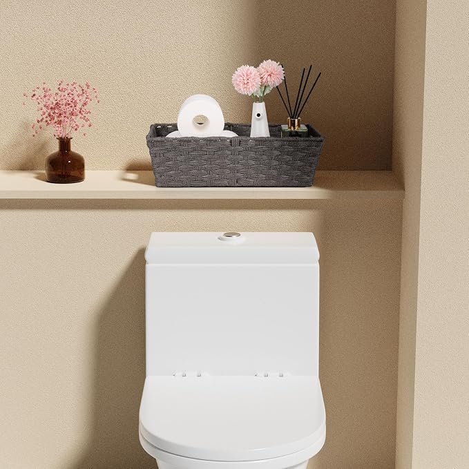 2-Pack Plastic Wicker Toilet Paper Baskets, 15.75"x6.75"x4.75", Dark Grey | Versatile woven bins for bathroom, toilet tank, shelf organization, and home decor.