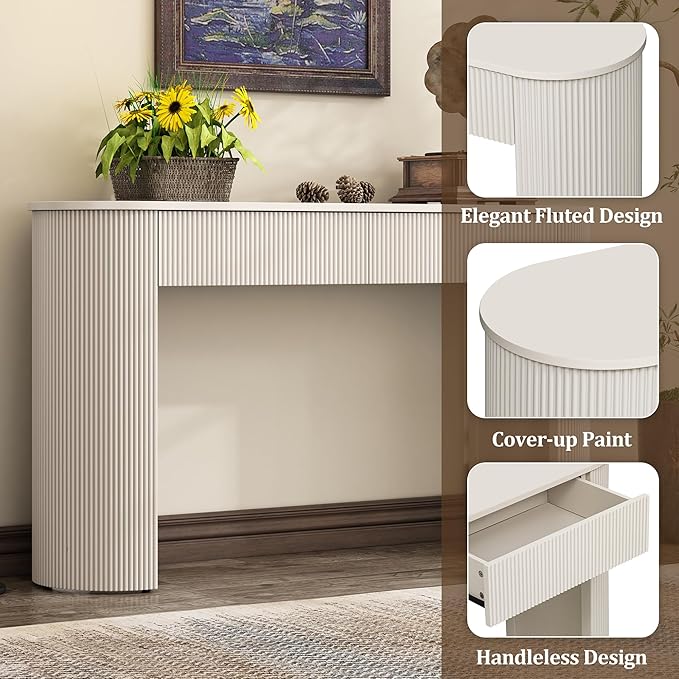 Modern Fluted Console Table 54-Inch Oval Entry Sofa Table with Storage Drawers for Living Room Entryway Hallway Furniture, White