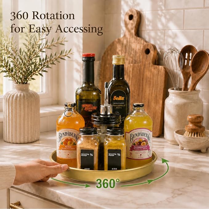 Amolliar 10" Metal Lazy Susan Organizer, Gold 2 Pack, Spice Turntable Tray | Metal 360 Rotating Turntable Organizer For Kitchen, Fridge, Pantry Cabinet Counter, Condiment Rack, Table Decor, Gold 2 Pack