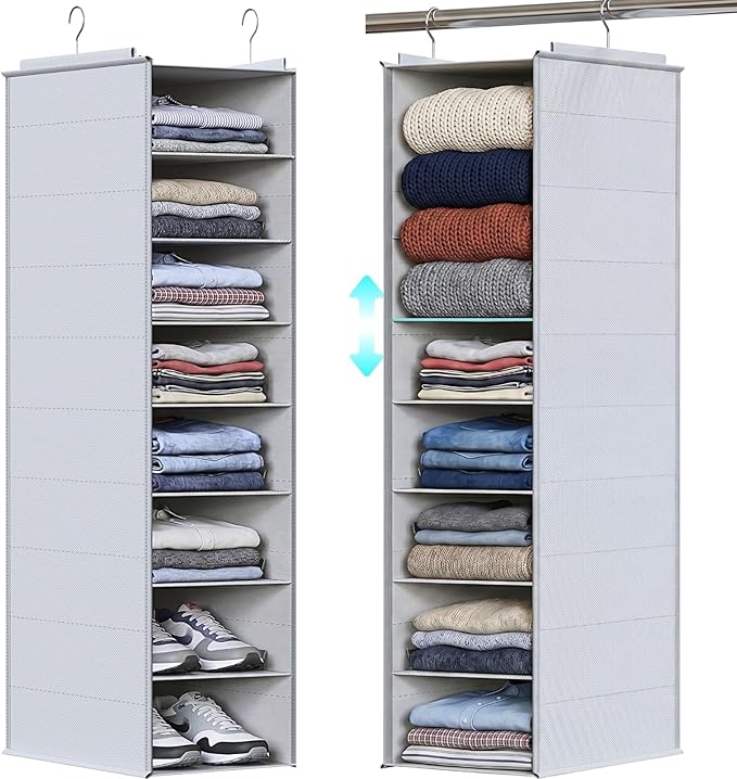 Deep Pocket Hanging Closet Organizer, 8 Tier Hanging Shoe Organizer | Adjustable Shelf Height Closet Organizers and Storage for Sweaters, Shoes, Hoodies & Blankets, Heavy Duty Hanging Shelves
