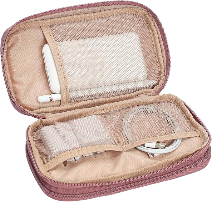 NISHEL Electronics Travel Organizer Cord Case, Charger Cable Tech Bag | Double-layer bag keeps chargers, cables, flash drive, and small tech essentials organized for trip, Medium, Rose-wood Pink
