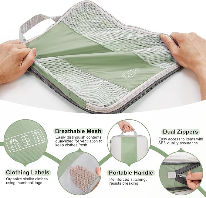 OlarHike 10 Set Compression Packing Cubes for Travel Essentials,Compressible Expandable Space Saver Bags for Organizing Clothes,Luggage Garment Bags with Over 1000 pcs Mesh Holes(Matcha Green)