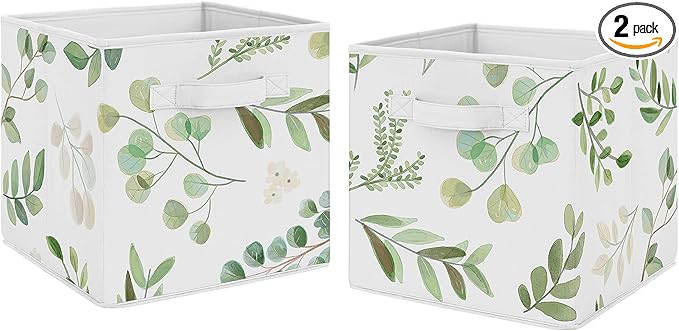 Sweet Jojo Designs Floral Leaf Foldable Fabric Storage Cube Bins Boxes Organizer Toys Kids Baby Childrens - Set of 2 - Green and White Boho Watercolor Botanical Woodland Tropical Garden