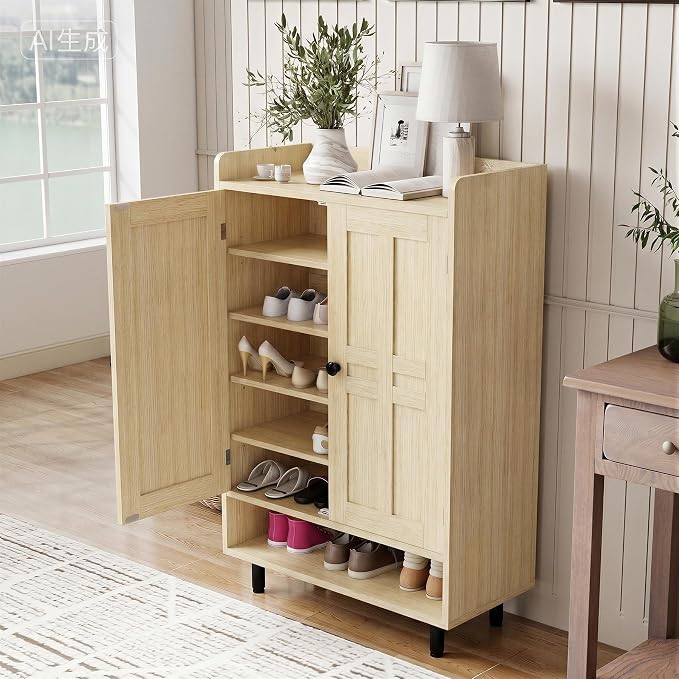 Farmhouse Shoe Cabinet with Doors, 6-Tier Wooden Shoe Organizer with Adjustable Shelves, Entryway Storage Cabinet, Rustic Shoe Storage for Entryway or Living Room (Nature)