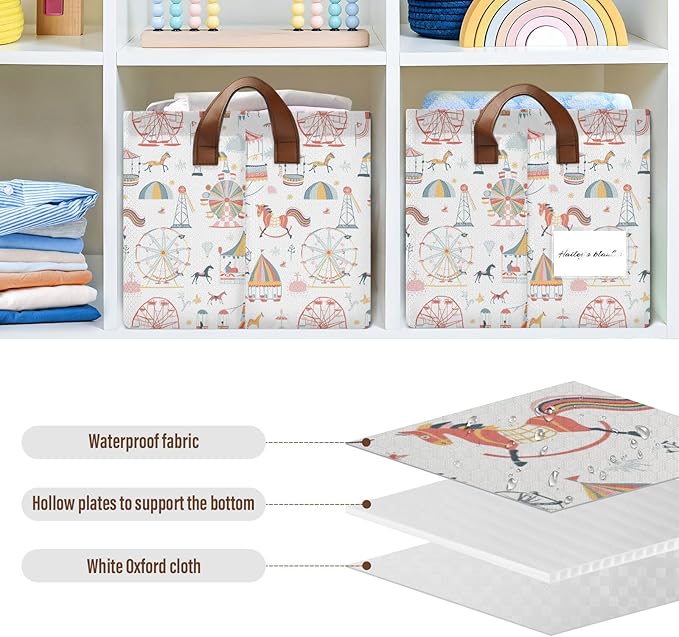 Ferris Wheel Theme Park Baby Storage Basket with Labels&Handles Rectangular Waterproof Nursery Storage Bins Collapsible Shelf Organizer Baskets for Kids Books Cloth Gift Toys Laundry, 2 Pack