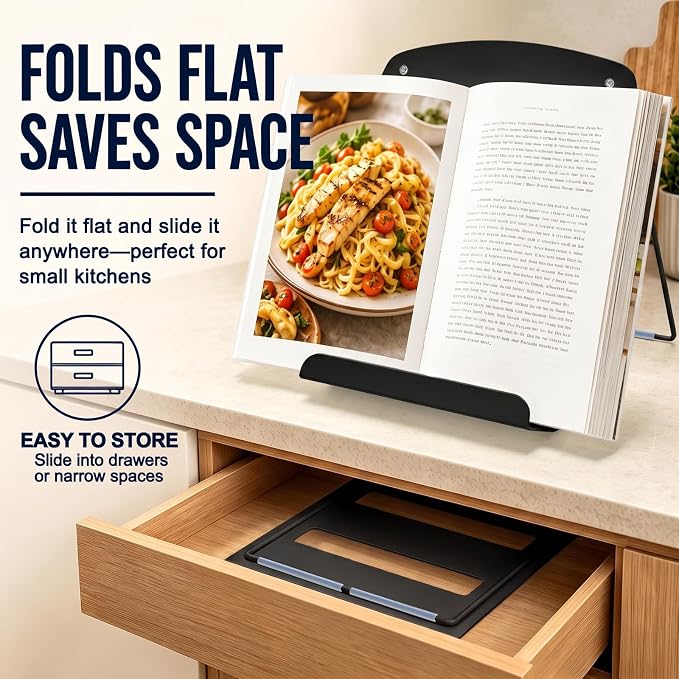 Cookbook Stand for Kitchen Counter,Metal Recipe Book Holder with Hooks,Foldable Reading Rack for Textbooks,Tablets and Magazines,Space Saving Carbon Steel Stand with Non Slip Pads,Black