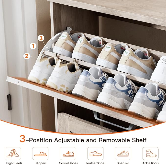 Nicetree Ultra Slim Shoe Cabinet – Shaker Barn Door & 3 Flip Drawers, Farmhouse Gray Finish – Freestanding Shoe Rack with 3-Tier Adjustable Shelves – Perfect for Narrow Entryways, Hallways, and Foyers