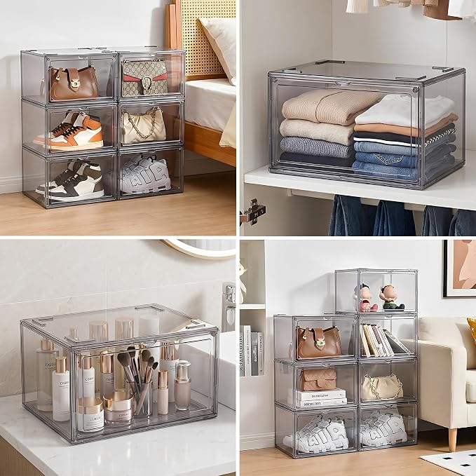 MMBABY 12 Pack Acrylic Shoe Boxes– Ultra Clear Plastic Stackable Sneaker Storage For Sneakerhead. Professional Grade Shoe Display Case with Magnetic Door.Fits US Size 15 (Grey-Side Open)