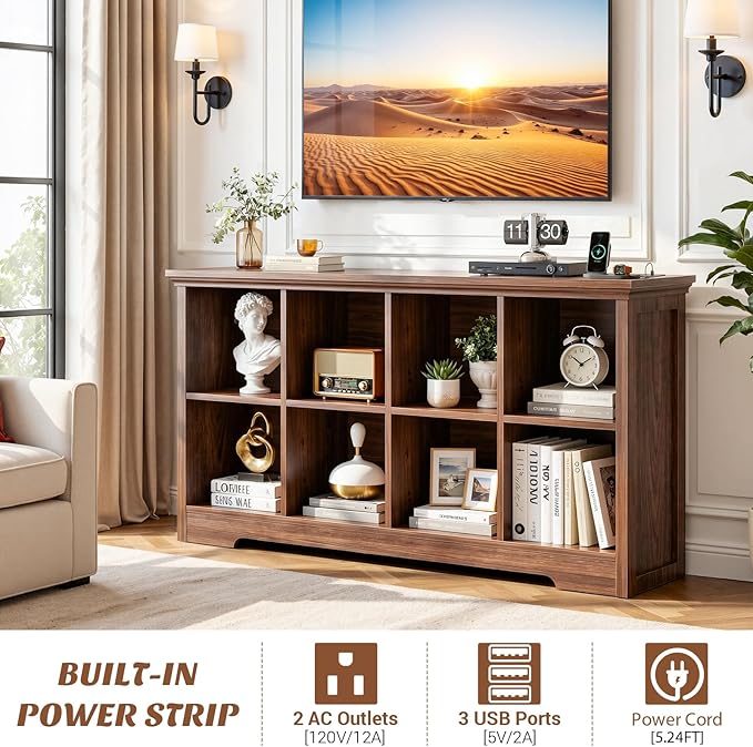Aheaplus Wooden 8-Cube Storage Organizer with Charging Ports, Modern Cube Bookcase with Base, 3-Tier Floor Standing Open Cubbies Bookshelf, Cubicle Display Shelf for Home and Office, Black Walnut