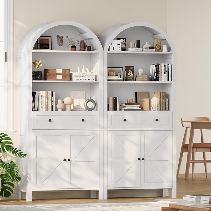 71" Tall Arched Bookshelf, 5-Tier Bookcase with Drawer, Farmhouse Storage Book Shelf with Open Shelves for Living Room, Dining Room, White