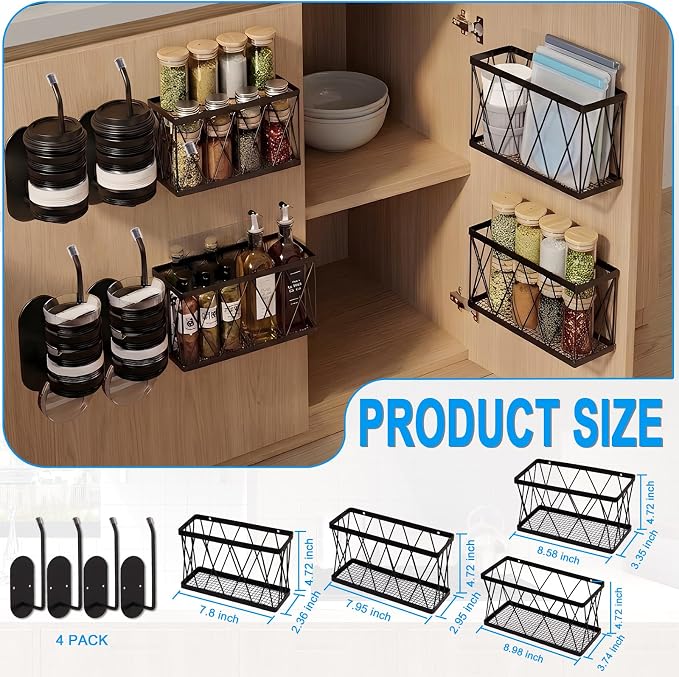 8 Pack Cabinet Door Organizer,No Drill Adhesive Metal Pot Lid Holder with 4 Storage Baskets &4 Tumbler Lid Holders,Rustproof Inside Cabinet Food Container Lid Storage Rack for Kitchen Pantry Bathroom