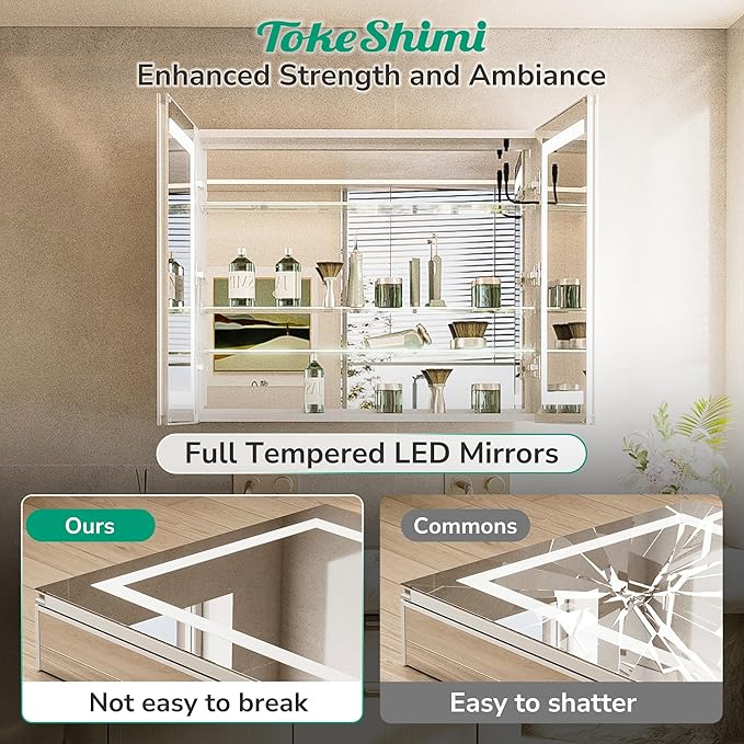 TokeShimi 20x26 Lighted Medicine Cabinet Mirrored Surface Mount 3 Color Dimmable, Anti-Fog Recessed Medicine Cabinet Mirror with Light and Outlet, 2-Side Led Bathroom Mirror with Storage