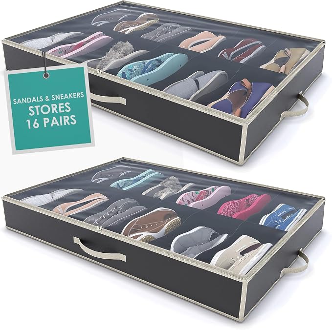 Woffit Under Bed Shoe Storage Organizer – Set of 2 Large Containers, Each Fit 12 Pairs of Shoes – Sturdy Box w/Strong Zipper & Handles – Underbed Organizers for Kids & Adults