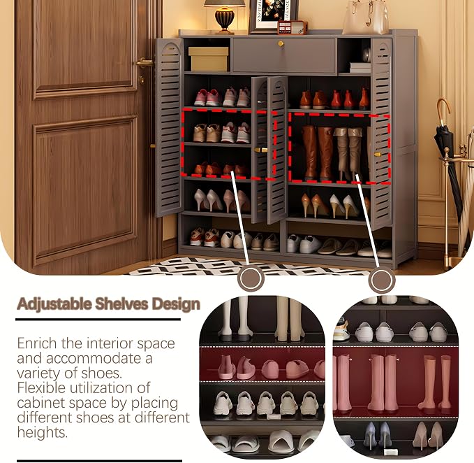 Shoe Cabinet with Louvered Doors, Freestanding Entryway Shoe Storage Cabinet with Drawer & Open Compartment, Modern Bamboo Shoe Rack Organizer with Shelves for Closet (Grey)