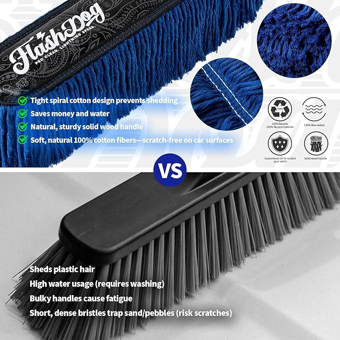 Flash Dog Car Duster Exterior Scratch Free, Waterless Cleaning Brush for Car Truck RV Boat, Gifts for Men Women, Storage Bag & Air Freshener - Wooden Handle Wax Cotton Duster & Mini Interior Brush
