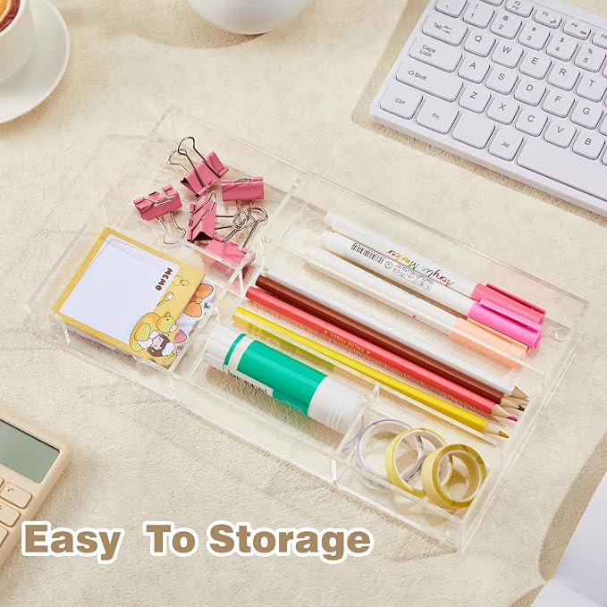 Briwooody 2 Pcs Clear Acrylic Desk Drawer Organizer 11 x 6 x 1.38 Inch Drawer Organizer Trays with 6 Compartments Desk Accessories for Office Makeup Silverware Bathroom