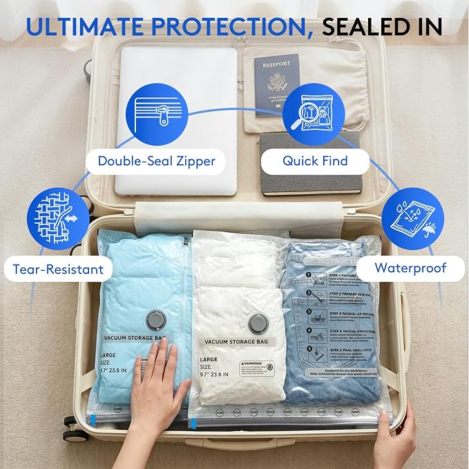 24 Packs Vacuum Bags for Travel with Rechargeable Pump, 3 Sizes Vacuum Seal Bags for Clothing, Compression Vacuum Travel Bags for Luggage, Vacuum Packing Bags for Closet Organization
