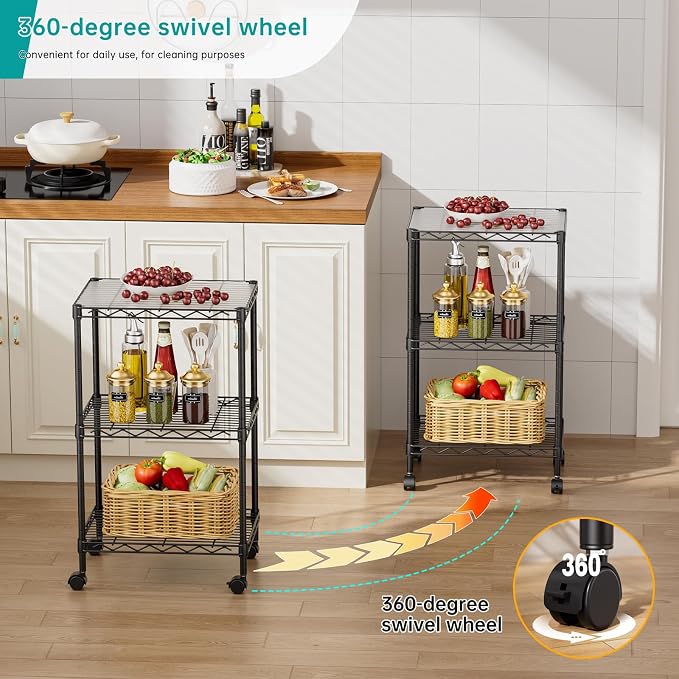 SINGAYE Small 3 Tier Shelves Wire Storage Shelving Adjustable Metal Shelf | With Wheels Home Storage Small Rack Pantry Closet Unit for Laundry Room Organization Bathroom Kitchen