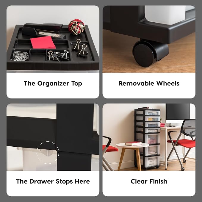 IRIS USA Plastic Drawer Storage Organizer Rolling Cart, with Wheels Casters, 7-Drawers, for Classroom Art Craft Supplies Dresser Closet Bathroom Laundry Room, Black/Clear