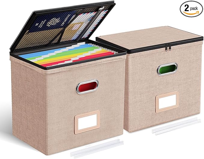 Oterri File Organizer Boxes with Lids, File Box with Mesh Pockets, Document Organizer Box for Letter Size Folders, Zippers Important Document Organizer (Coral, Small-2 Pack Without Folders)