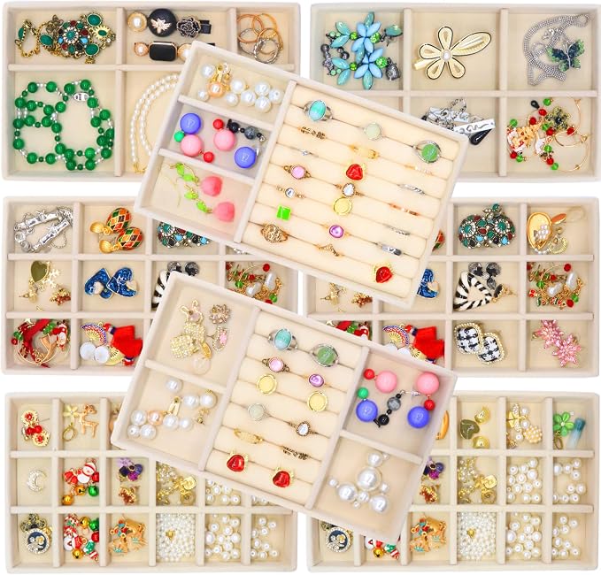 8Pack Jewelry Drawer Organizer Tray Velvet Jewellry Tray Stackable Jewel Storage Case for Earring Necklace Rings Bracelet Watch