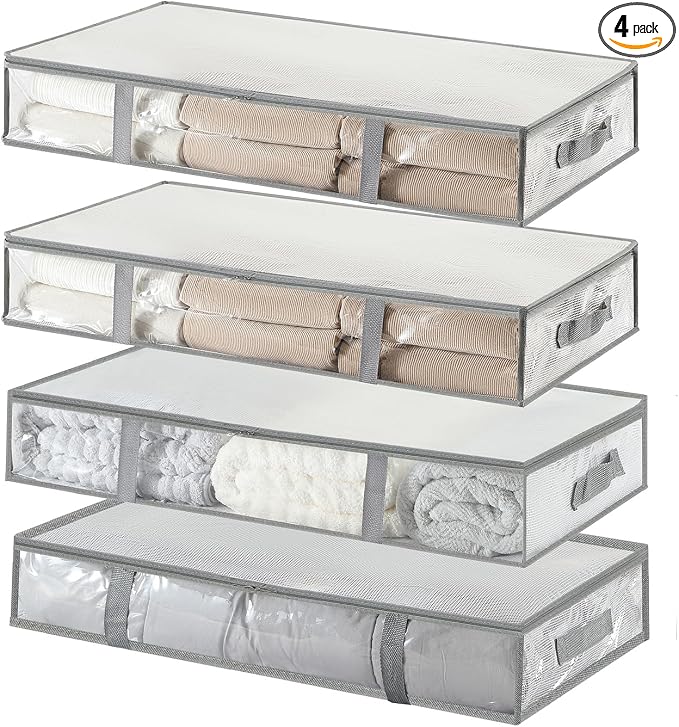 4 Pack Under Bed Storage Containers, Heavy-Duty Material Plastic Underbed Storage Bins, Blanket/Clothes Storage Bags with Lid, Bedding Comforter/Sheet/Closet Organizer and Storage