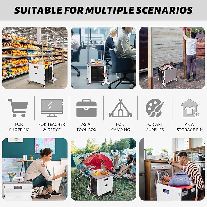 FELICON SELORSS Folding Utility Cart Portable Rolling Crate Handcart with Stair Climbing Wheels&360°Swivel Wheels Telescoping Handle Plastic Box Dolly for Travel Shop Move Office Teacher Use(White)
