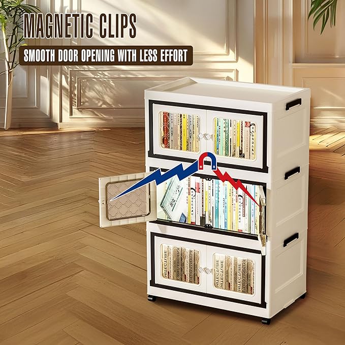 SunSettler Large Collapsible Plastic Storage Bins with Lid, Stackable Cabinets with Wheels, Folding Storage Cabinets, Stackable Closet Organizers for Home and Office