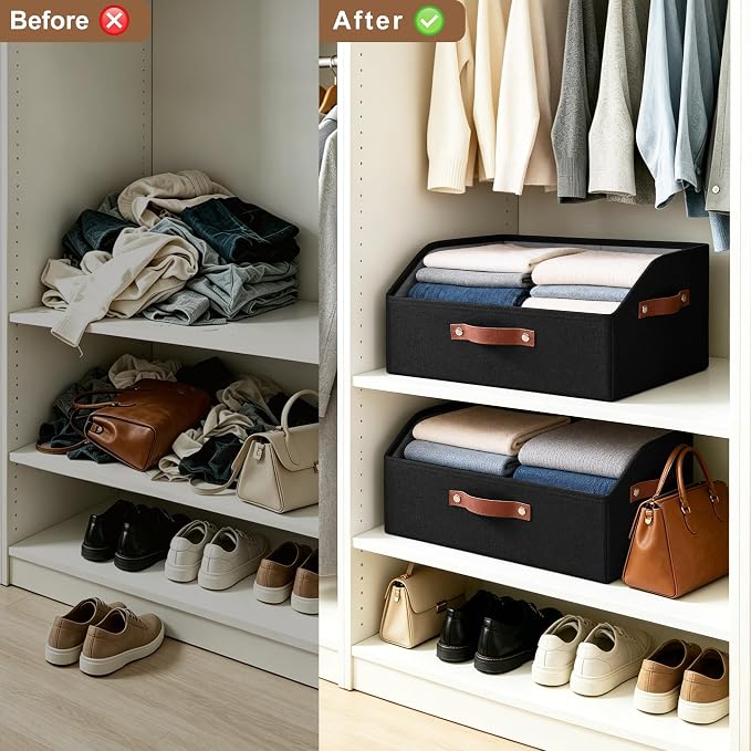 Bagnizer Closet Organizers and Storage, Linen Trapezoid Storage Bins with Handles, Collapsible Shelf Organizer for Blanket, Towel, Clothes, Hats, Purse (Black)