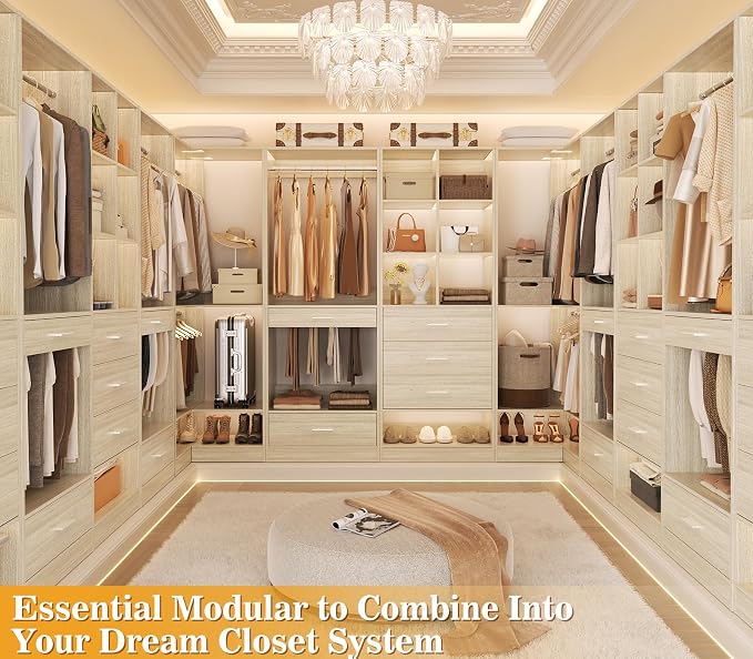 Homieasy Closet System Organizer with Hanging area, Pants Rack & Drawer – Expandable & Sturdy Modular Closet Storage Unit, Customizable Wardrobe Organizer for Bedroom or Walk-In Closet, White Oak