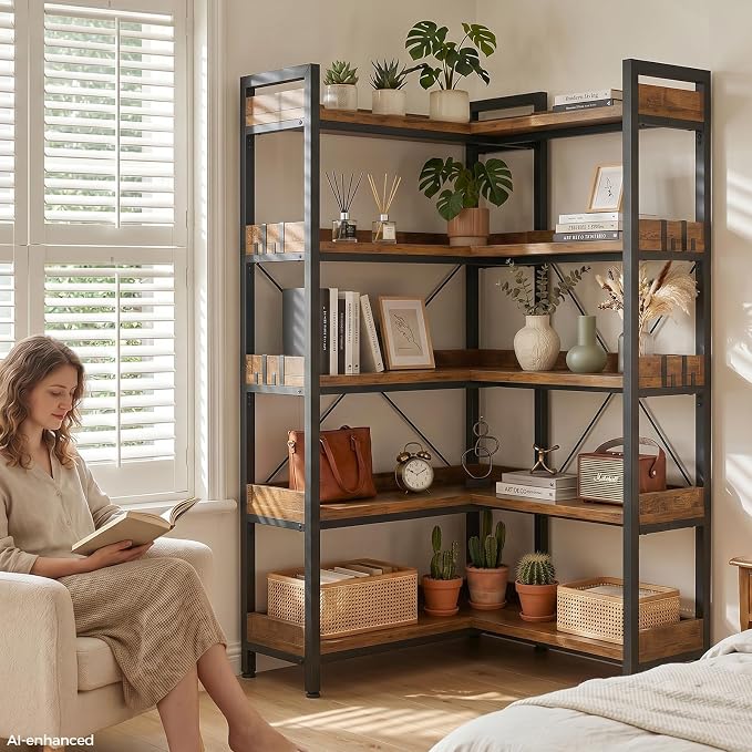 GTPLAYER 5-Tier Corner Bookshelf, L-Shaped Metal Frame Shelf with Tall 14" Shelves, Plant Stand and Storage Rack for Small Spaces, Living Room and Home Office, Vintage Brown