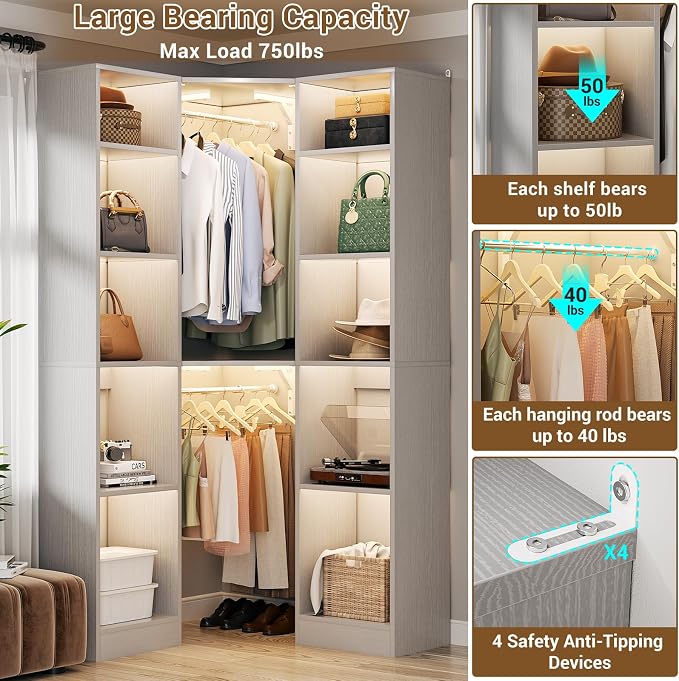 Besiost Corner Closet System with 12 Shelves, 39.2" Corner Closet Organizer System with 2 Hanging Rods, Versatile 6-Tier Walk-in Closets for Corner Space, Grey (39.2" L x 39.2" W x 80" H)
