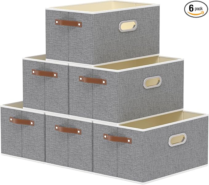 Yawinhe Collapsible Fabric Storage Bins,15.0x9.8x8.3in,Grey,6-Pack | Foldable Storage Baskets for Shelves, Closet Boxes for Organization, Washable Closet Organizer for Towels, Canvas Bins