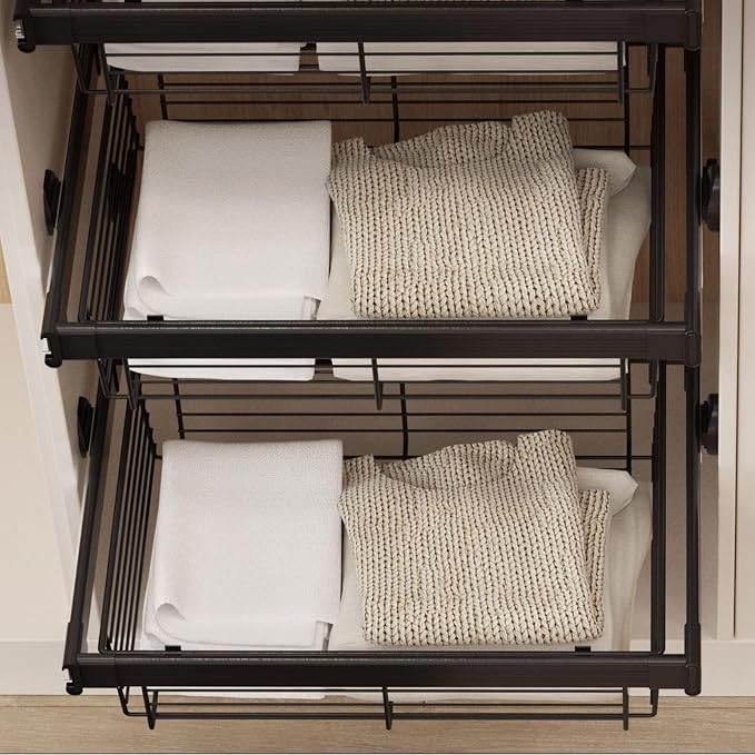 Closet Pull-Out Basket,Aluminum Alloy Stackable Storage Bins,Black Stackable Shelf Baskets Organizer,for Office Living Room Bedroom,Black-22.44-24.4in
