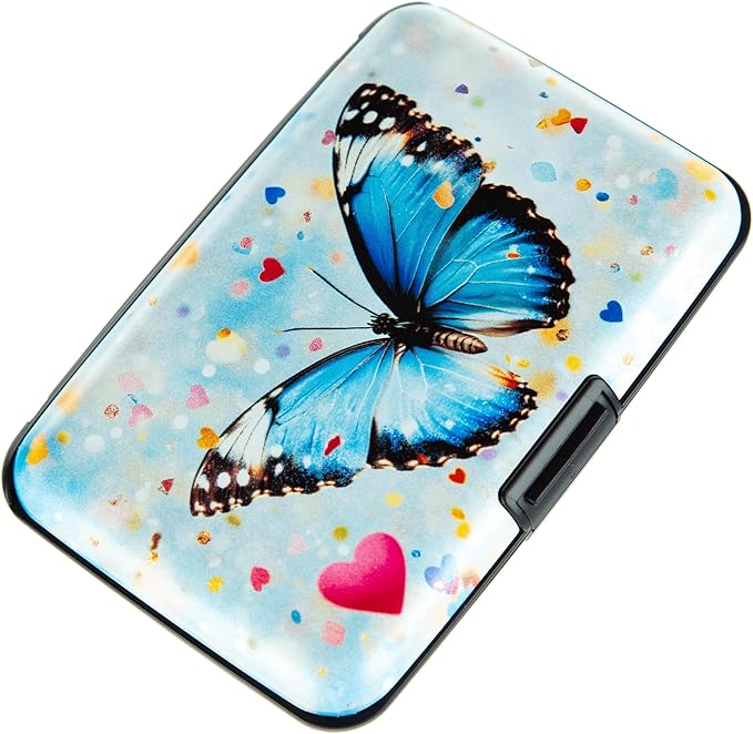 Credit Card Holder for Women Men RFID Blocking Wallet Small Business Metal Slim Mini Aluminum Hard Case (Colorful Hearts Butterfly)