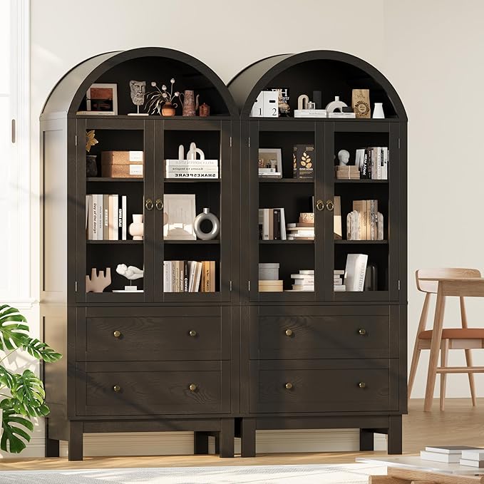 71" Tall Arched Bookshelf, 6-Tier Bookcase with Glass Doors & Adjustable Shelves, Wood Display Book Shelf with Drawers for Living Room, Dining Room, Black