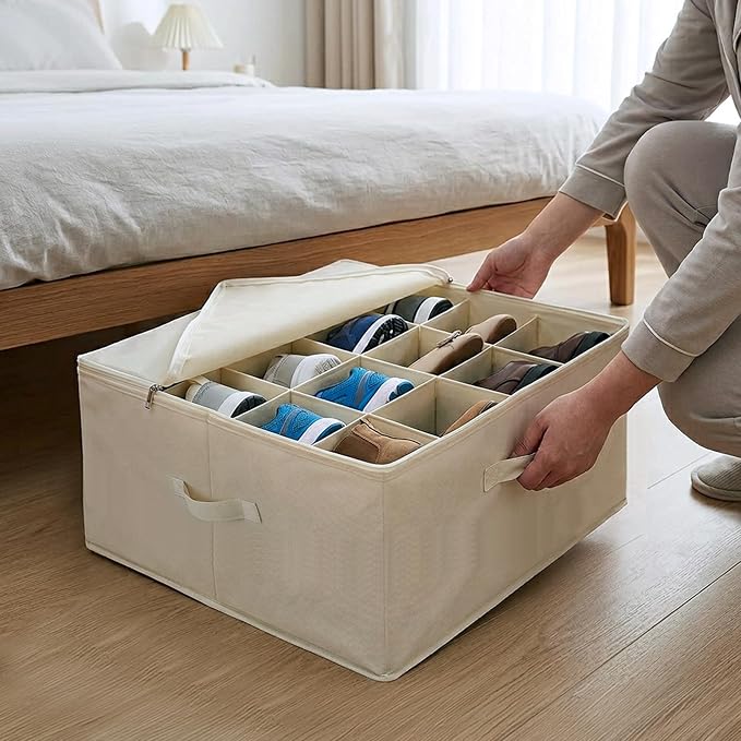 Shoe Organizer for Closet, 16 Compartment Foldable Storage Box with Lids | Milentii 2-Pack Foldable Shoe Organizer with Box Bin, Adjustable Dividers & Clear Cover Closet Storage Fit 16-32 Pairs, White