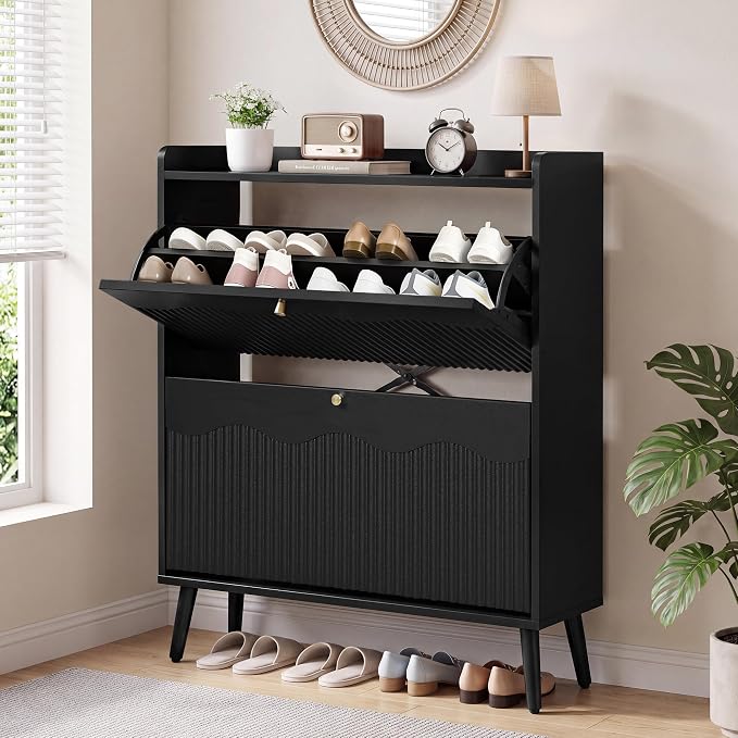 BERRYMERRY 31.5” Fluted Shoe Cabinet Storage with 2 Flip Drawers,Freestanding Narrow Shoe Storage Organizer Cabinet with Wave Profile for Entryway,Hallway,Living Room (2 Drawers Black)