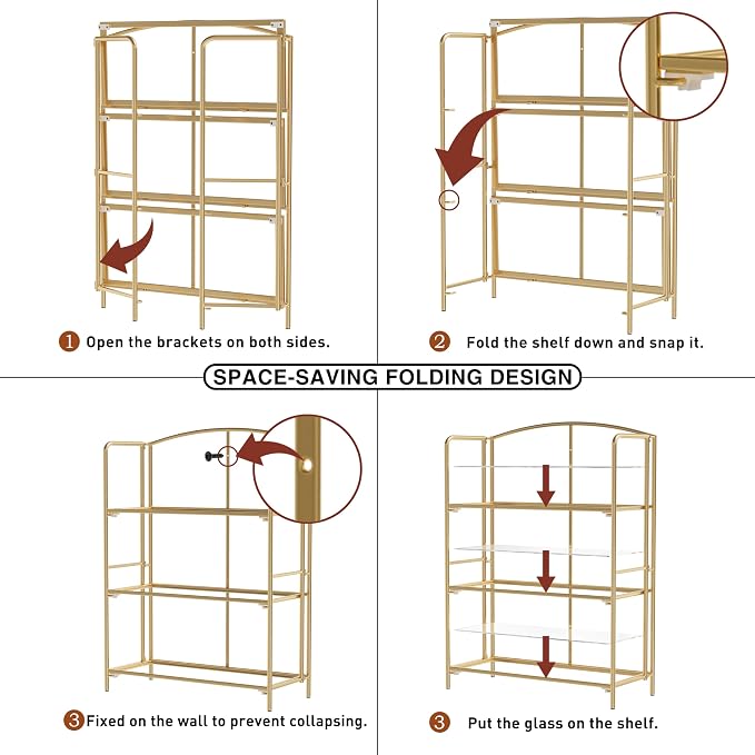 Crofy 3-Tier Wider Foldable Bookshelf, Gold Frame & Transparent Shelves | No-Assembly Collapsible Portable Storage Organizer; Sturdy Transparent Shelves; Ideal for Living Room & Home Office