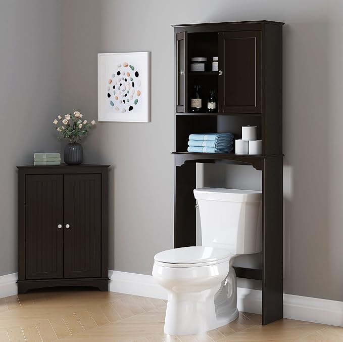 Spirich Over Toilet Storage Cabinet with Doors, Espresso Bathroom Organizer | FSC-Certified MDF, Raised Panel Doors, Adjustable & Open Shelves, Anti-Tip Mount, Fits Behind & Above Standard Toilets