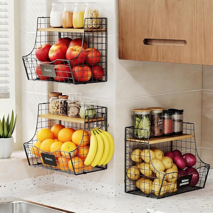 3 Pack wire Fruit Basket for Kitchen with Wood Lid - Counter&Wall Mounted Onion and Potato Storage with Nameplate, Hanging Baskets for Vegetable,11.81 * 10.63 * 8.66 Inch