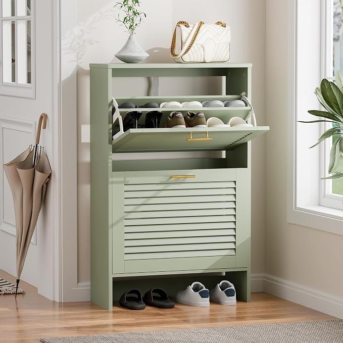 Narrow Shoe Cabinet Storage for Entryway, Sage Green | Freestanding Shoe Organizer with 2 Flip Drawers, Louvered Doors, Anti-tip Device, Modern Show Rack