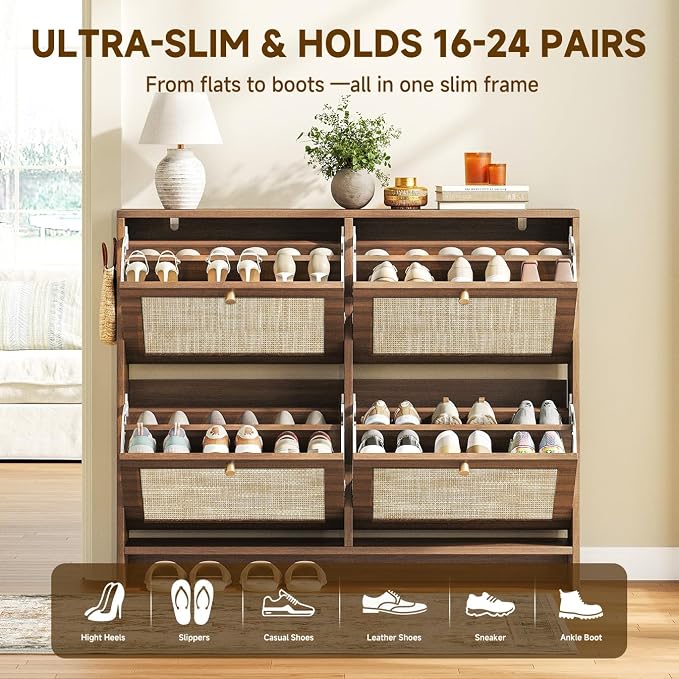 Nicetree Shoe Cabinet Storage for Entryway, 4-Flip Drawer Narrow Shoe Rack, Organic Modern Rattan Shoe Organizer, Shoe Organizer Fits Men's Size 13.5, Walnut