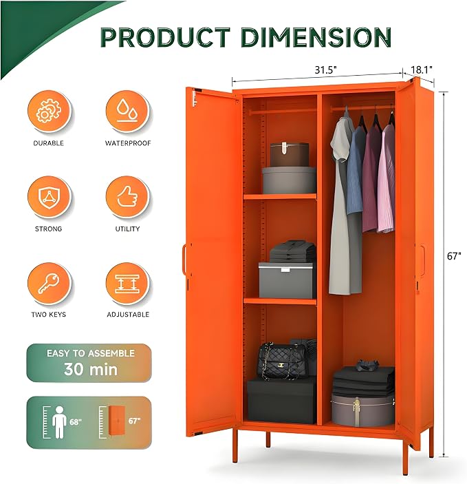 Metal Wardrobe with Lock 67"Clothing Steel Storage Cabinet Locker Hanging Rod And Adjustable Shelves 2 Doors Household kids wardrobe closet Lockers For Bedroom Home Orange Size:67"H X 31.5"W X 18.1"D