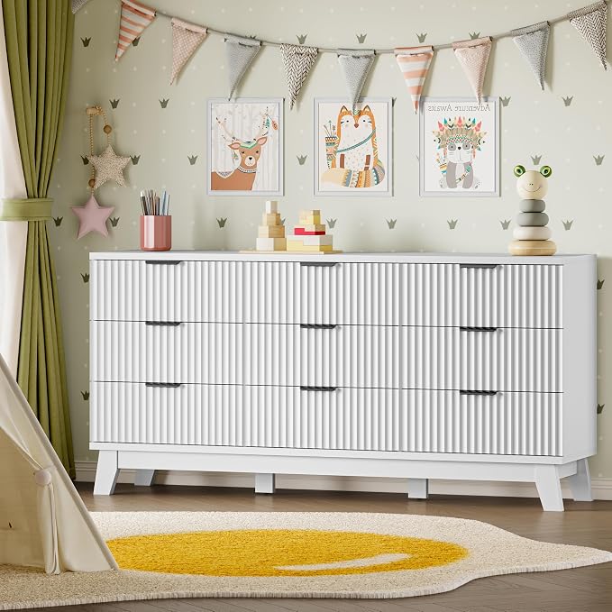 BORNOON 63" Long Dresser for Bedroom, 9-Drawer Fluted Dresser, Extra-Wide Wood Chest of Drawers with Smooth Metal Slides, Stable Base, Modern Clothes Storage Cabinet for Living Room, Hallway, Nursery