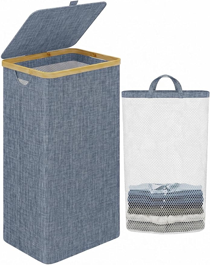 iEGrow Laundry Basket with Lid, 110L Large Laundry Hamper with Banboo Handle, Dirty Clothes Hamper with Removable Inner Bag for Laundry Room Organization- Blue